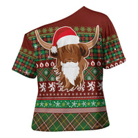 Scottish Christmas Cross Shoulder Shirt Highland Cattle-Xmas Tartan Stripes Style Red Color - Wonder Print Shop