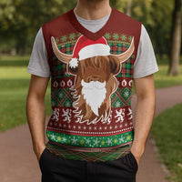 Scottish Christmas Knitted V-Neck Vest Highland Cattle-Xmas Tartan Stripes Style Red Color - Wonder Print Shop