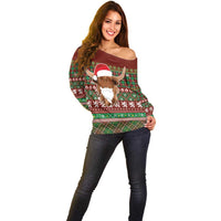Scottish Christmas Off Shoulder Sweater Highland Cattle-Xmas Tartan Stripes Style Red Color - Wonder Print Shop