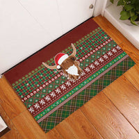Scottish Christmas Rubber Doormat Highland Cattle-Xmas Tartan Stripes Style Red Color - Wonder Print Shop
