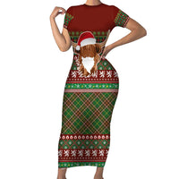 Scottish Christmas Short Sleeve Bodycon Dress Highland Cattle-Xmas Tartan Stripes Style Red Color - Wonder Print Shop