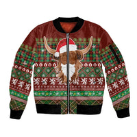 Scottish Christmas Sleeve Zip Bomber Jacket Highland Cattle-Xmas Tartan Stripes Style Red Color - Wonder Print Shop
