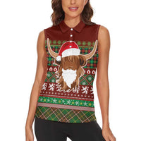 Scottish Christmas Women Sleeveless Polo Shirt Highland Cattle-Xmas Tartan Stripes Style Red Color - Wonder Print Shop