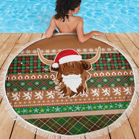 Scottish Christmas Beach Blanket Highland Cattle-Xmas Tartan Stripes Style Brown Color - Wonder Print Shop