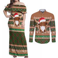 Scottish Christmas Couples Matching Off Shoulder Maxi Dress and Long Sleeve Button Shirt Highland Cattle-Xmas Tartan Stripes Style Brown Color - Wonder Print Shop