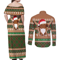 Scottish Christmas Couples Matching Off Shoulder Maxi Dress and Long Sleeve Button Shirt Highland Cattle-Xmas Tartan Stripes Style Brown Color - Wonder Print Shop