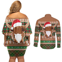 Scottish Christmas Couples Matching Off Shoulder Short Dress and Long Sleeve Button Shirt Highland Cattle-Xmas Tartan Stripes Style Brown Color - Wonder Print Shop