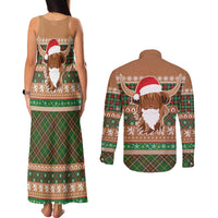 Scottish Christmas Couples Matching Tank Maxi Dress and Long Sleeve Button Shirt Highland Cattle-Xmas Tartan Stripes Style Brown Color - Wonder Print Shop
