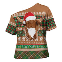 Scottish Christmas Cross Shoulder Shirt Highland Cattle-Xmas Tartan Stripes Style Brown Color - Wonder Print Shop