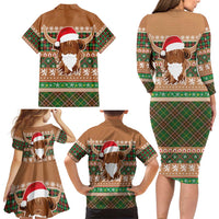Scottish Christmas Family Matching Long Sleeve Bodycon Dress and Hawaiian Shirt Highland Cattle-Xmas Tartan Stripes Style Brown Color - Wonder Print Shop