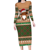 Scottish Christmas Family Matching Long Sleeve Bodycon Dress and Hawaiian Shirt Highland Cattle-Xmas Tartan Stripes Style Brown Color - Wonder Print Shop