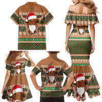 Scottish Christmas Family Matching Mermaid Dress and Hawaiian Shirt Highland Cattle-Xmas Tartan Stripes Style Brown Color - Wonder Print Shop