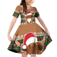 Scottish Christmas Family Matching Off Shoulder Short Dress and Hawaiian Shirt Highland Cattle-Xmas Tartan Stripes Style Brown Color - Wonder Print Shop