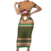 Scottish Christmas Family Matching Short Sleeve Bodycon Dress and Hawaiian Shirt Highland Cattle-Xmas Tartan Stripes Style Brown Color - Wonder Print Shop