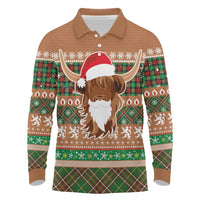 Scottish Christmas Long Sleeve Polo Shirt Highland Cattle-Xmas Tartan Stripes Style Brown Color - Wonder Print Shop