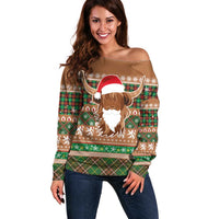 Scottish Christmas Off Shoulder Sweater Highland Cattle-Xmas Tartan Stripes Style Brown Color - Wonder Print Shop