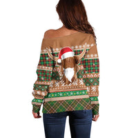 Scottish Christmas Off Shoulder Sweater Highland Cattle-Xmas Tartan Stripes Style Brown Color - Wonder Print Shop
