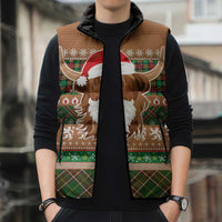 Scottish Christmas Sleeveless Puffer Jacket Highland Cattle-Xmas Tartan Stripes Style Brown Color - Wonder Print Shop