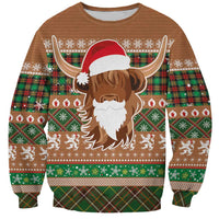 Scottish Christmas Sweatshirt Highland Cattle-Xmas Tartan Stripes Style Brown Color - Wonder Print Shop