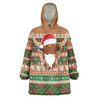 Scottish Christmas Wearable Blanket Hoodie Highland Cattle-Xmas Tartan Stripes Style Brown Color - Wonder Print Shop
