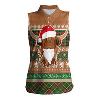 Scottish Christmas Women Sleeveless Polo Shirt Highland Cattle-Xmas Tartan Stripes Style Brown Color - Wonder Print Shop