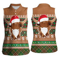 Scottish Christmas Women Sleeveless Polo Shirt Highland Cattle-Xmas Tartan Stripes Style Brown Color - Wonder Print Shop