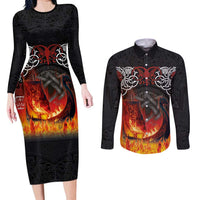 Scotland Up Helly Aa Couples Matching Long Sleeve Bodycon Dress and Long Sleeve Button Shirt Drakkar Viking Longship Burning The Return of The Light - Wonder Print Shop