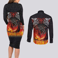 Scotland Up Helly Aa Couples Matching Long Sleeve Bodycon Dress and Long Sleeve Button Shirt Drakkar Viking Longship Burning The Return of The Light - Wonder Print Shop
