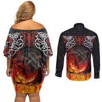 Scotland Up Helly Aa Couples Matching Off Shoulder Short Dress and Long Sleeve Button Shirt Drakkar Viking Longship Burning The Return of The Light - Wonder Print Shop