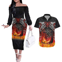 Scotland Up Helly Aa Couples Matching Off The Shoulder Long Sleeve Dress and Hawaiian Shirt Drakkar Viking Longship Burning The Return of The Light - Wonder Print Shop