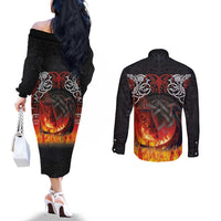 Scotland Up Helly Aa Couples Matching Off The Shoulder Long Sleeve Dress and Long Sleeve Button Shirt Drakkar Viking Longship Burning The Return of The Light