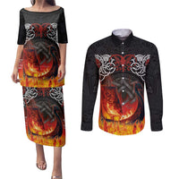 Scotland Up Helly Aa Couples Matching Puletasi and Long Sleeve Button Shirt Drakkar Viking Longship Burning The Return of The Light - Wonder Print Shop