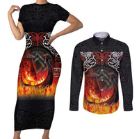 Scotland Up Helly Aa Couples Matching Short Sleeve Bodycon Dress and Long Sleeve Button Shirt Drakkar Viking Longship Burning The Return of The Light - Wonder Print Shop