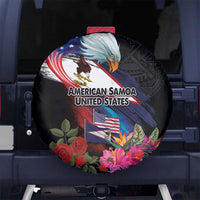 American Samoa and United States Together Spare Tire Cover National Flag with Eagle-Hibiscus and Rose