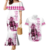 Kentucky Horses Racing Couples Matching Mermaid Dress and Hawaiian Shirt Jockey Drawing Style Pink Out Color - Wonder Print Shop