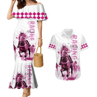 Kentucky Horses Racing Couples Matching Mermaid Dress and Hawaiian Shirt Jockey Drawing Style Pink Out Color - Wonder Print Shop