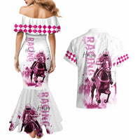 Kentucky Horses Racing Couples Matching Mermaid Dress and Hawaiian Shirt Jockey Drawing Style Pink Out Color - Wonder Print Shop