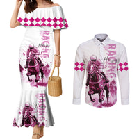 Kentucky Horses Racing Couples Matching Mermaid Dress and Long Sleeve Button Shirt Jockey Drawing Style Pink Out Color