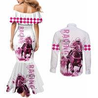 Kentucky Horses Racing Couples Matching Mermaid Dress and Long Sleeve Button Shirt Jockey Drawing Style Pink Out Color