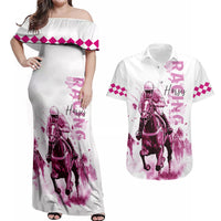 Kentucky Horses Racing Couples Matching Off Shoulder Maxi Dress and Hawaiian Shirt Jockey Drawing Style Pink Out Color - Wonder Print Shop