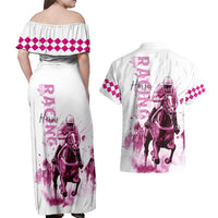 Kentucky Horses Racing Couples Matching Off Shoulder Maxi Dress and Hawaiian Shirt Jockey Drawing Style Pink Out Color - Wonder Print Shop