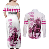 Kentucky Horses Racing Couples Matching Off Shoulder Maxi Dress and Long Sleeve Button Shirt Jockey Drawing Style Pink Out Color - Wonder Print Shop