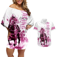 Kentucky Horses Racing Couples Matching Off Shoulder Short Dress and Hawaiian Shirt Jockey Drawing Style Pink Out Color - Wonder Print Shop