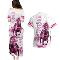 Kentucky Horses Racing Couples Matching Puletasi and Hawaiian Shirt Jockey Drawing Style Pink Out Color - Wonder Print Shop