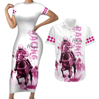 Kentucky Horses Racing Couples Matching Short Sleeve Bodycon Dress and Hawaiian Shirt Jockey Drawing Style Pink Out Color - Wonder Print Shop