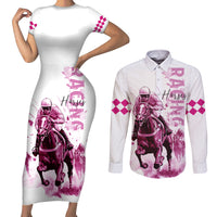 Kentucky Horses Racing Couples Matching Short Sleeve Bodycon Dress and Long Sleeve Button Shirt Jockey Drawing Style Pink Out Color - Wonder Print Shop