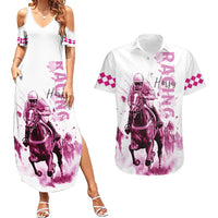 Kentucky Horses Racing Couples Matching Summer Maxi Dress and Hawaiian Shirt Jockey Drawing Style Pink Out Color - Wonder Print Shop