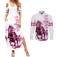 Kentucky Horses Racing Couples Matching Summer Maxi Dress and Long Sleeve Button Shirt Jockey Drawing Style Pink Out Color - Wonder Print Shop