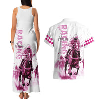 Kentucky Horses Racing Couples Matching Tank Maxi Dress and Hawaiian Shirt Jockey Drawing Style Pink Out Color - Wonder Print Shop