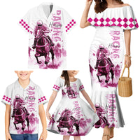 Kentucky Horses Racing Family Matching Mermaid Dress and Hawaiian Shirt Jockey Drawing Style Pink Out Color - Wonder Print Shop